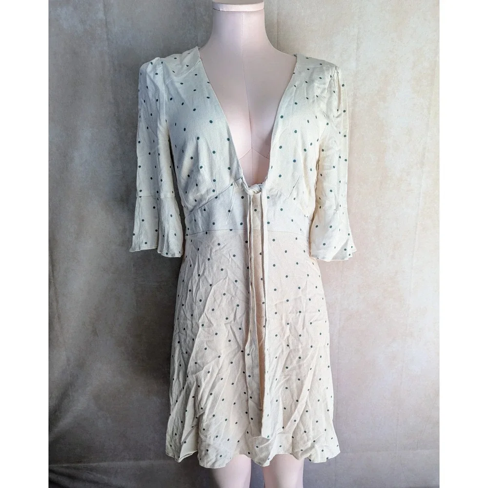 Free People Womens Dress Size 4 Beige Polka‎ Dot V-Neck Side Zip Sundress Summer